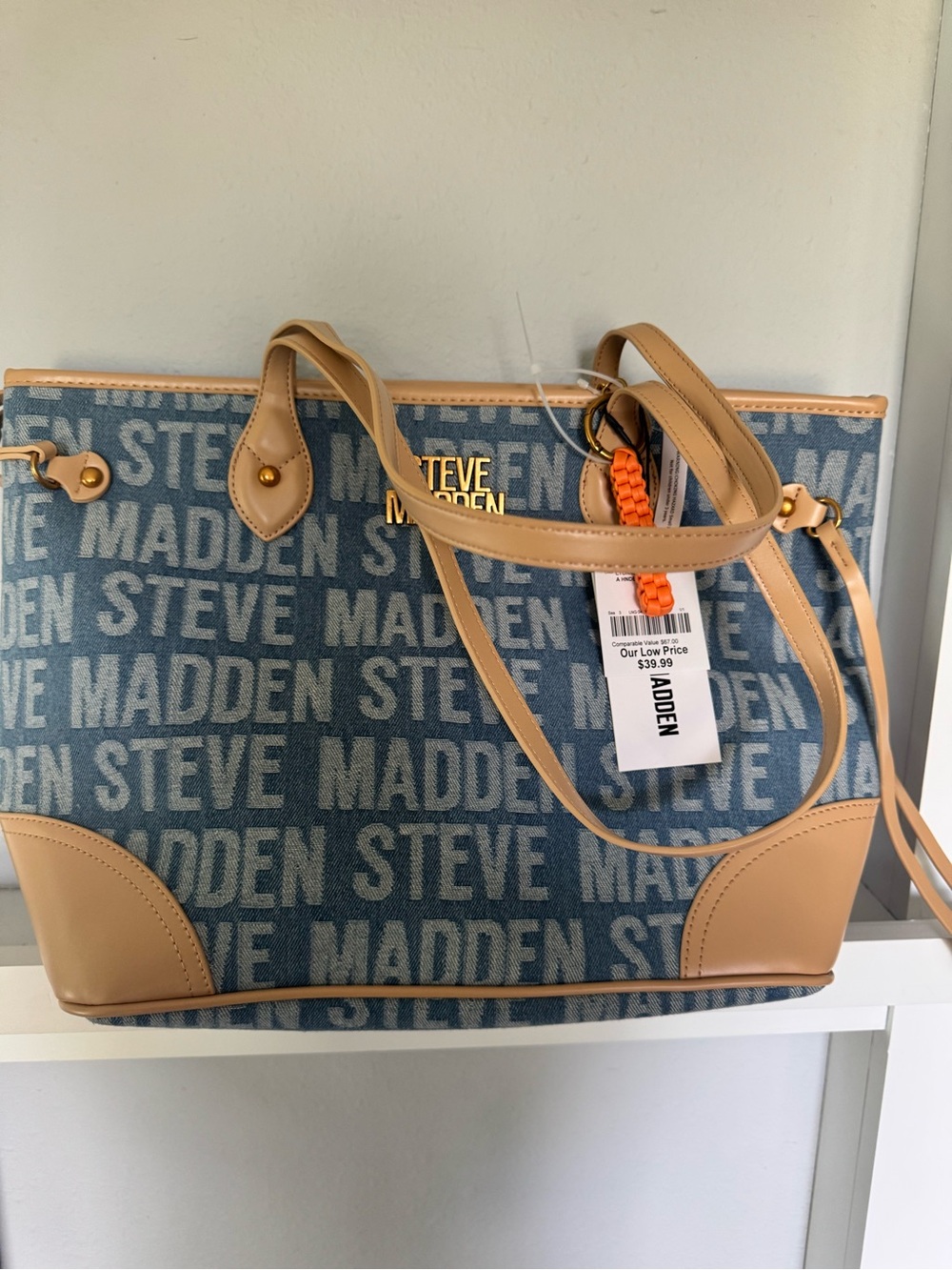 Steve Madden Blue Logo Tote with Tan Trim
